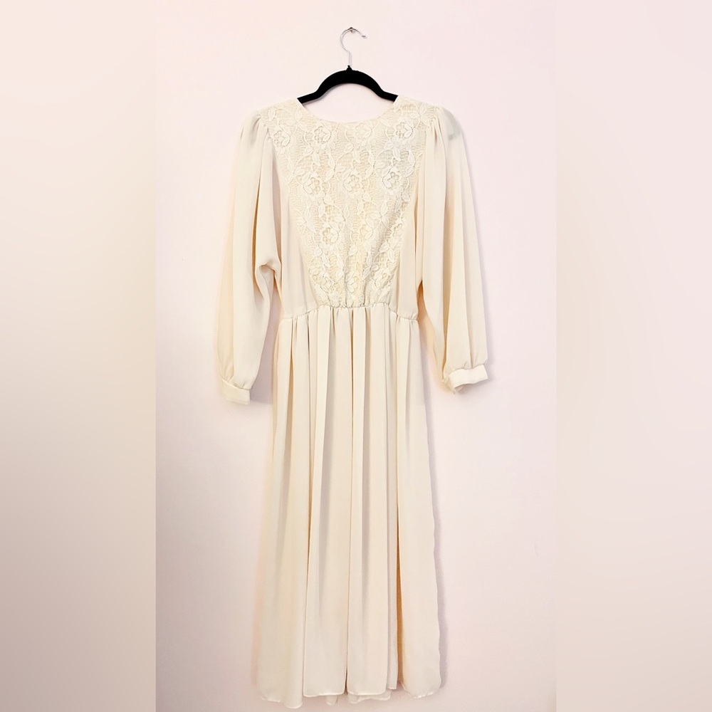 Vintage White Lace & Chiffon Long Sleeve Midi Dress | XS–S | Vintage Wedding